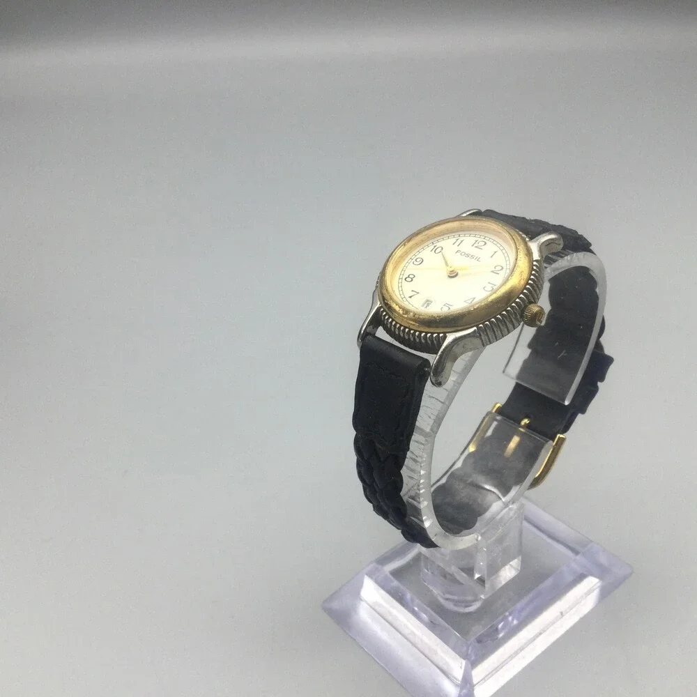 Vtg Fossil Women Watch 27mm Two Tone Braided Black Leather Date New Battery